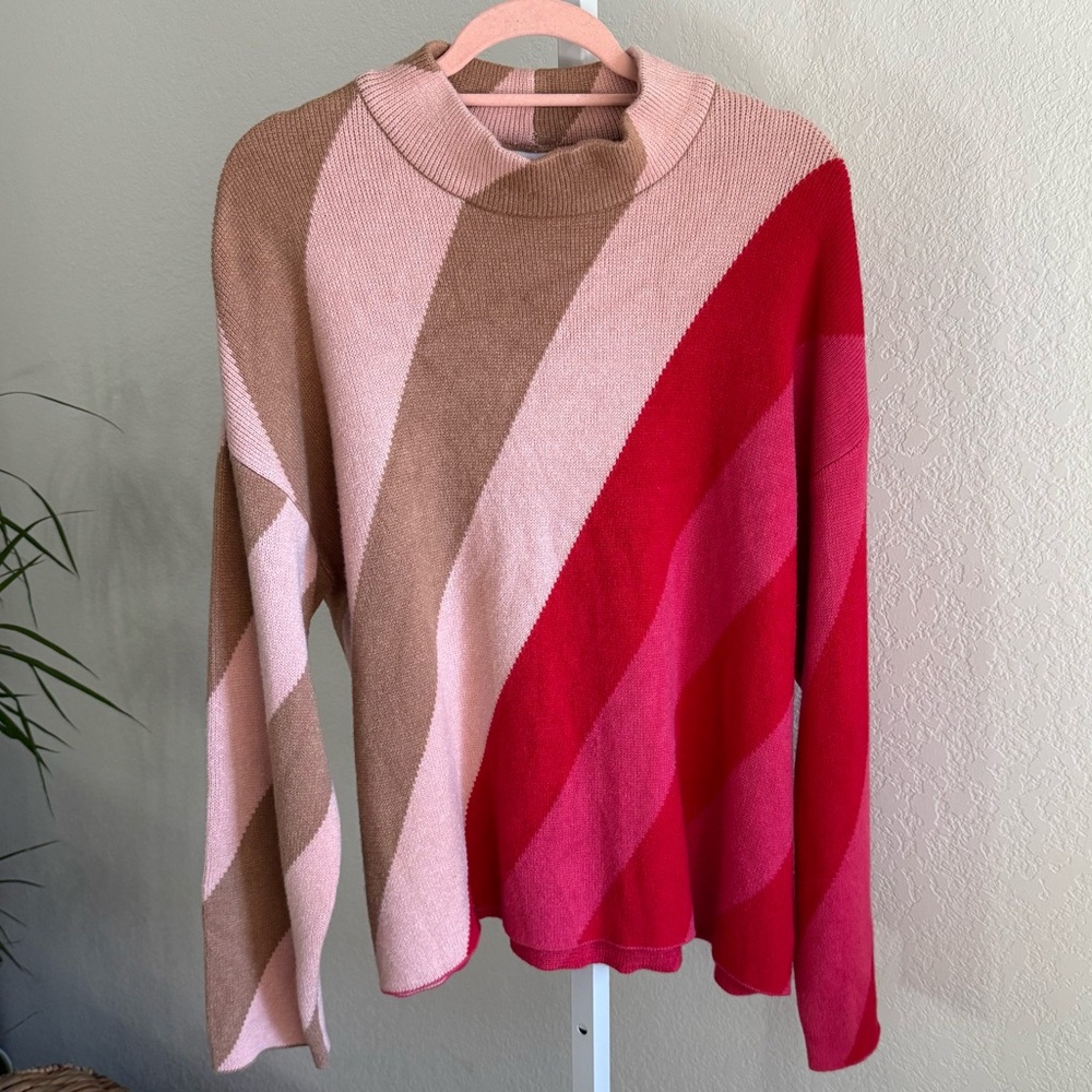 Liz Claiborne Sweater Colorblock Pink Red Tan XL Striped Y2K Vintage Retro Cozy